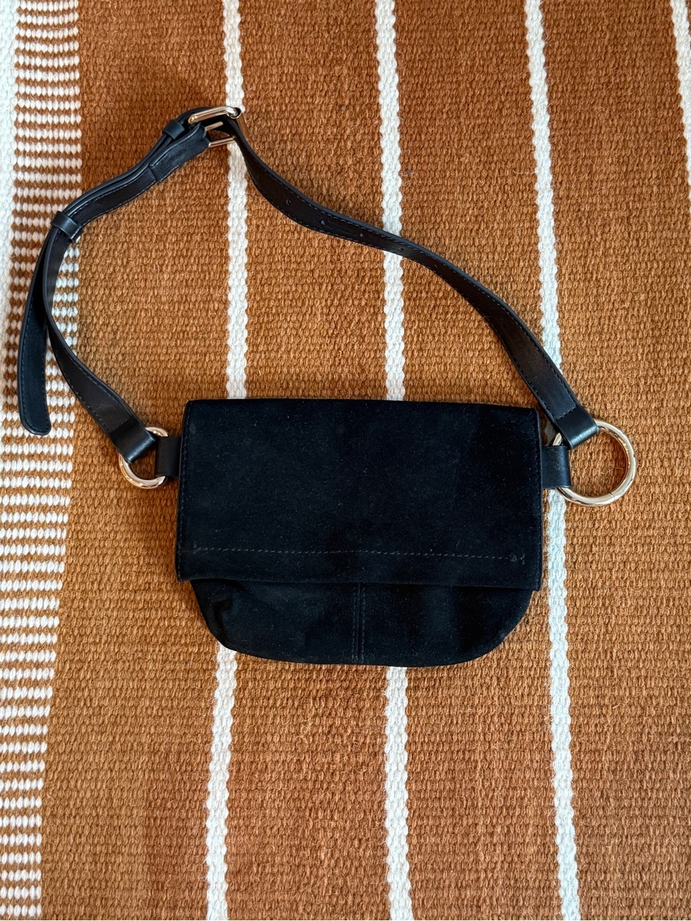 Mango Real Leather Suede Crossbody Fanny Pack Bag Black Gold Accents